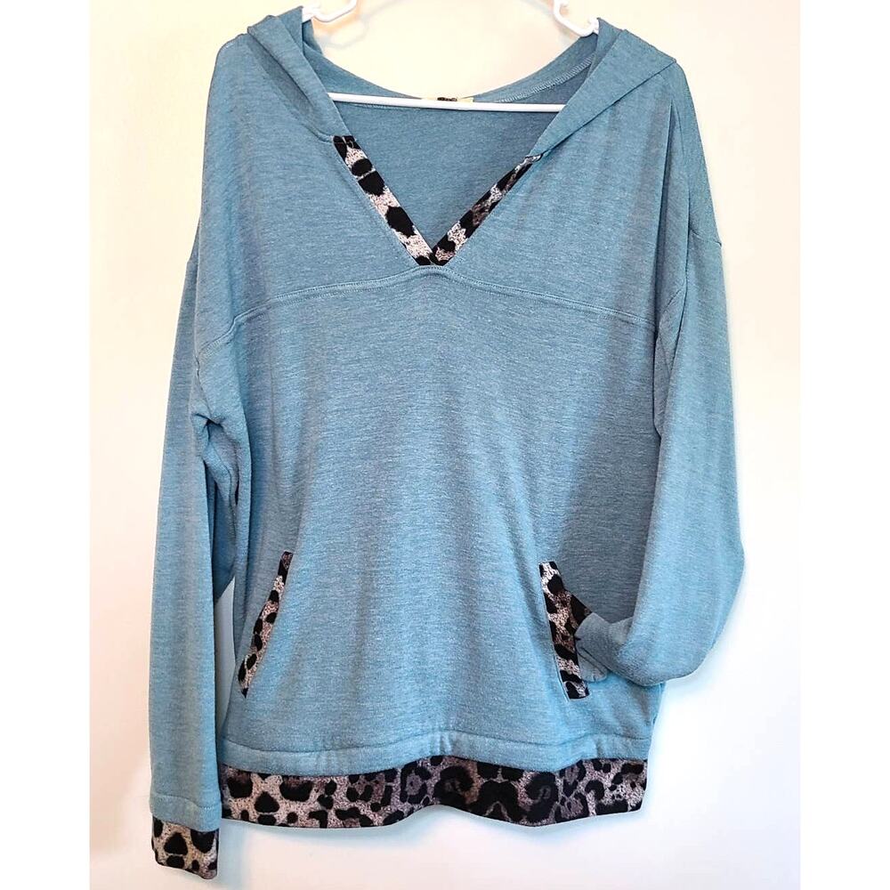 Kori America Stylish Teal Pullover with Animal Print - Women's Hoodie Size Med